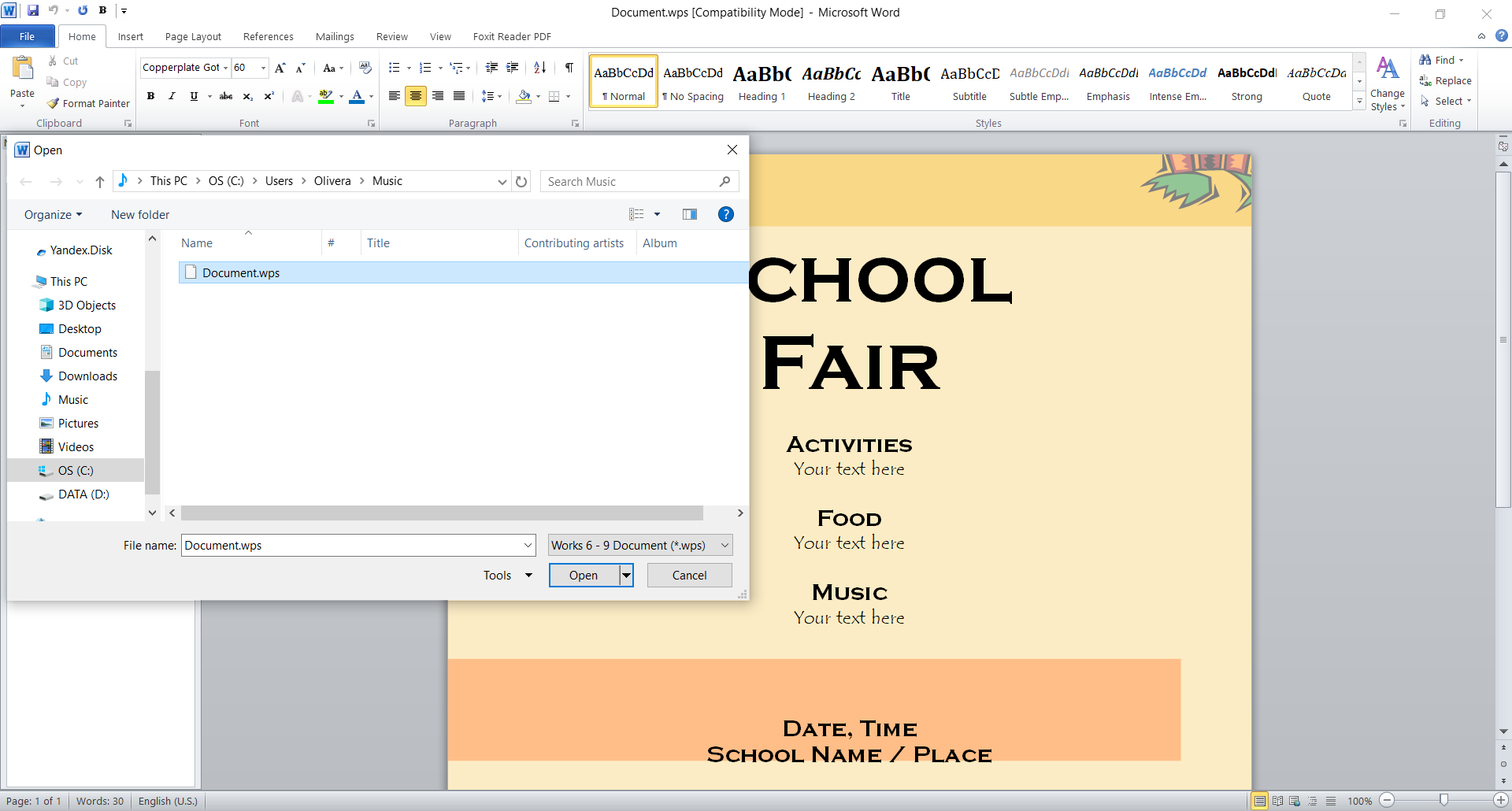 Opened WPS file in Microsoft Word