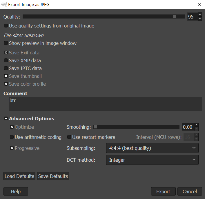 Exporting XCF to JPG advanced settings