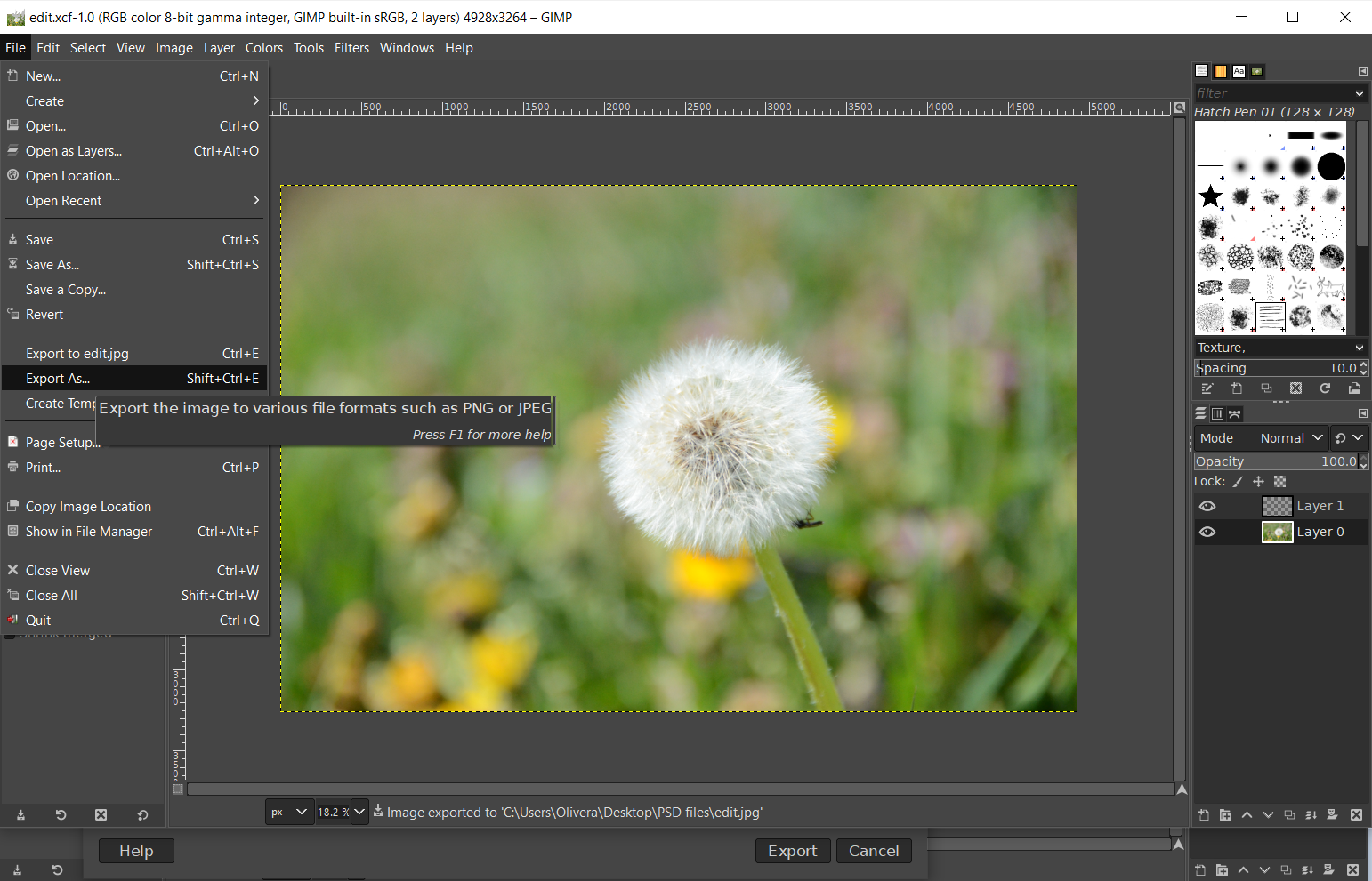 How to open an XCF file in Photoshop by exporting to PSD in GIMP