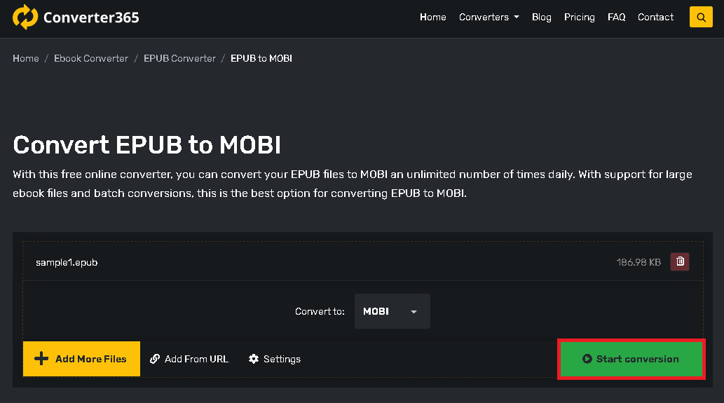 convert epub to mobi - step 2