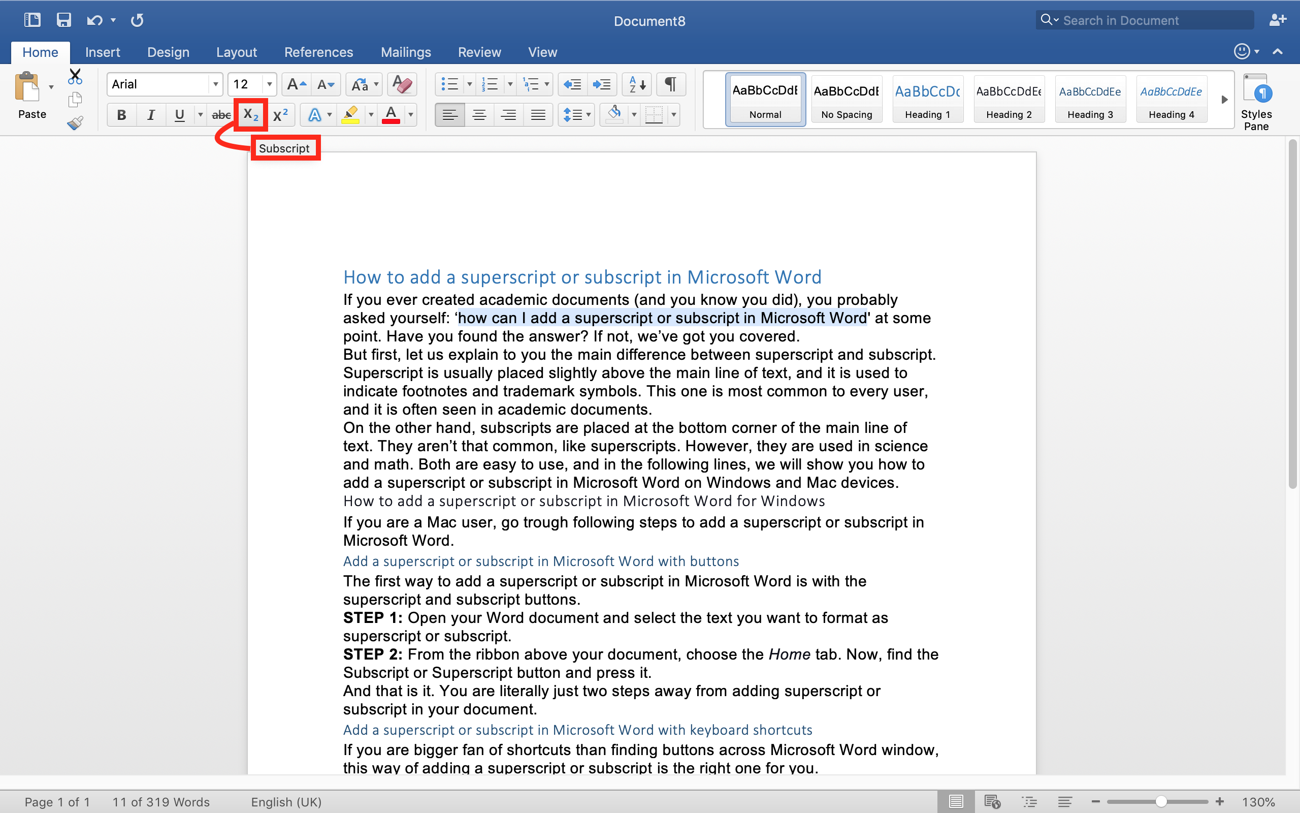 add a superscript or subscript in Microsoft Word document