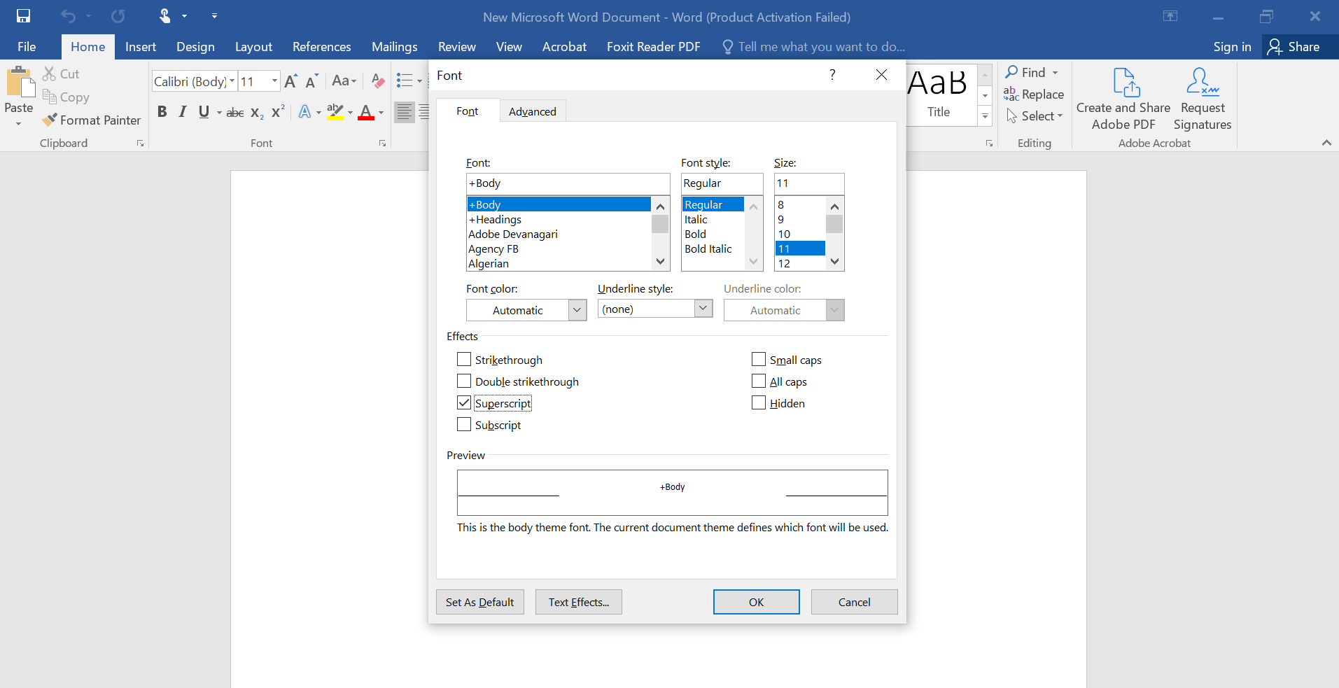 add superscript or subscript in Microsoft Word is with a Font dialog box