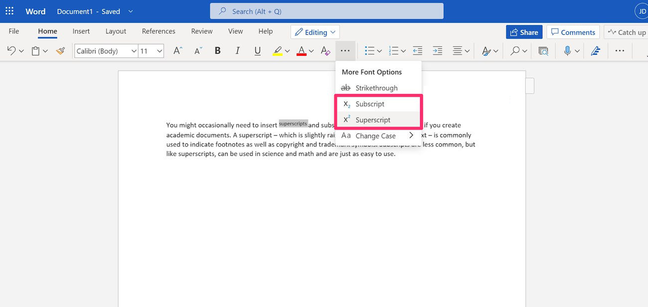 add superscript or subscript to your files with Word Online