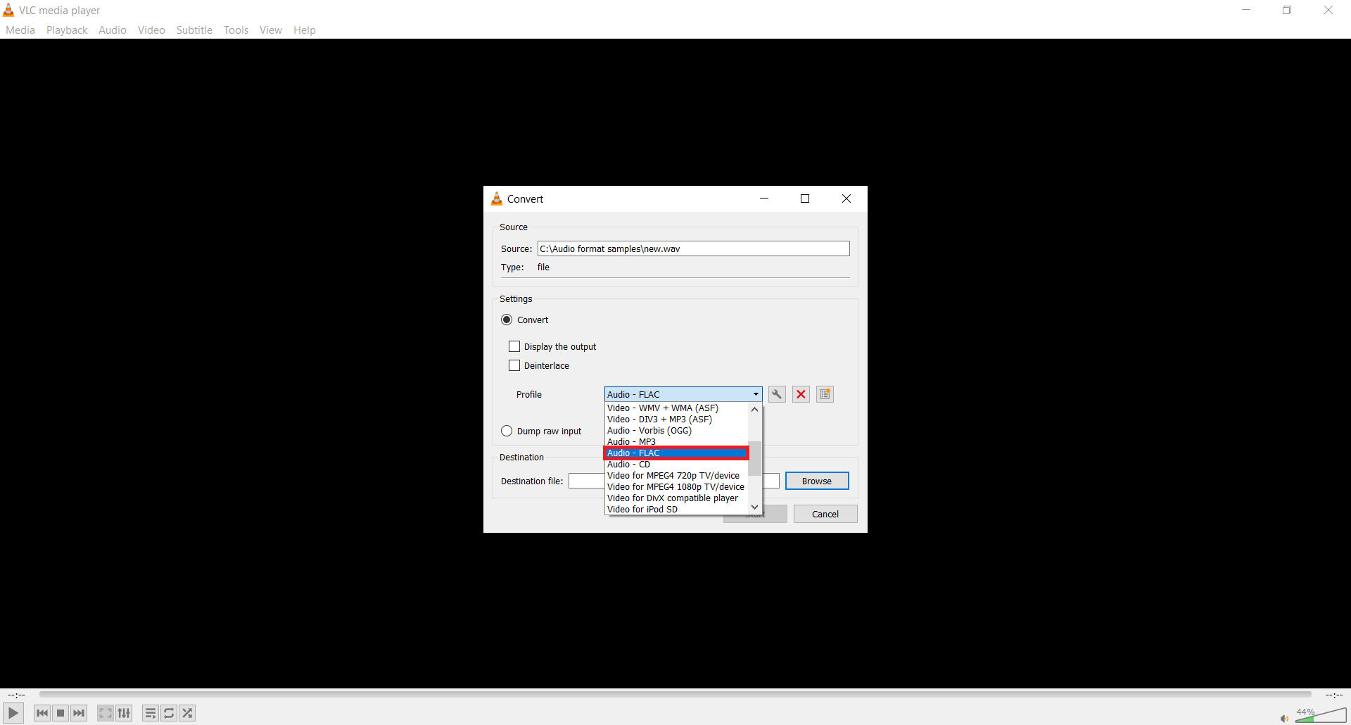 How to convert WAV to FLAC using a VLC media player?