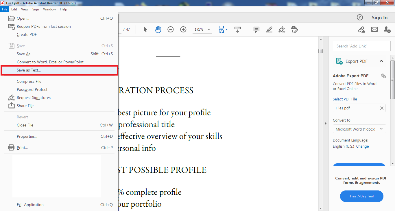 How to convert PDF to TXT in Adobe Acrobat Reader DC?