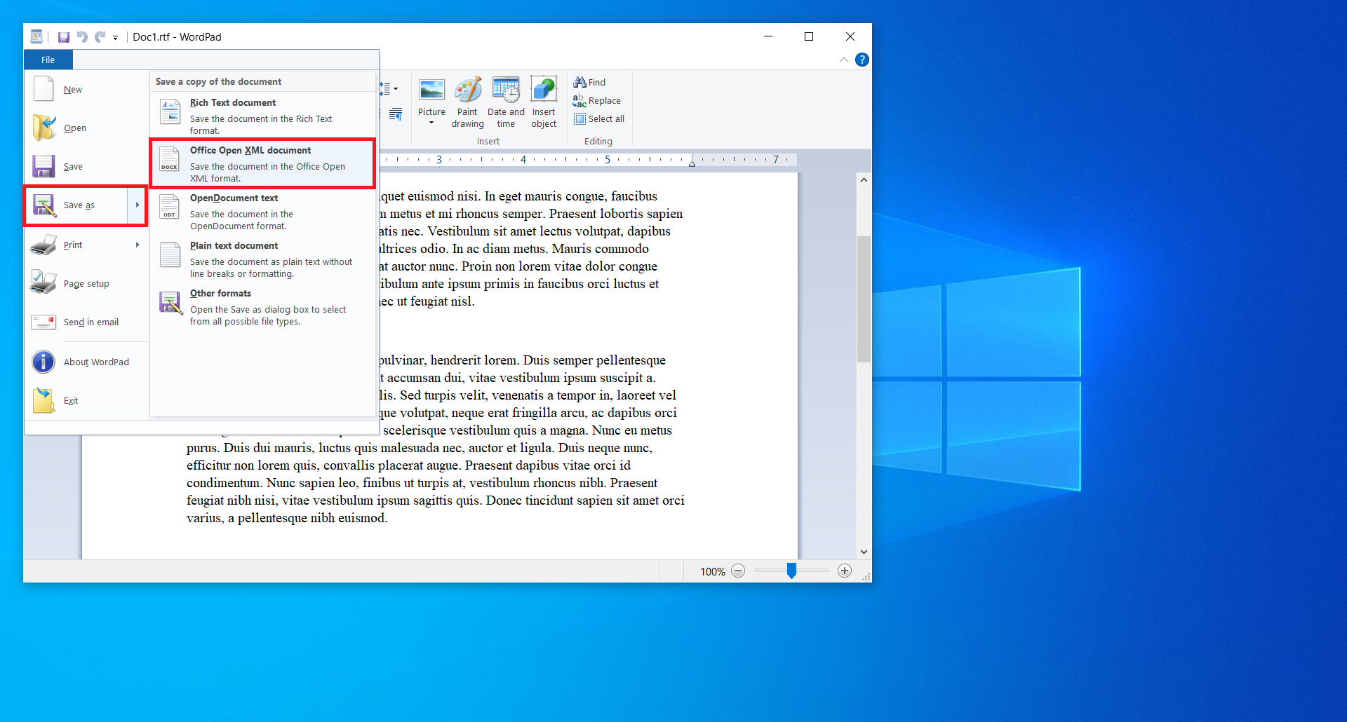 How to use WordPad as RTF to DOCX converter on Windows?