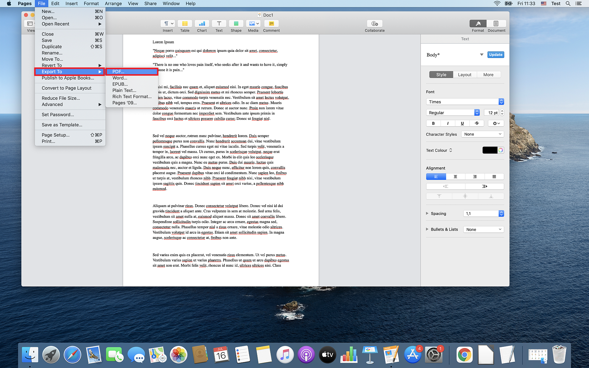 How to convert a PAGES document to PDF on macOS Catalina?