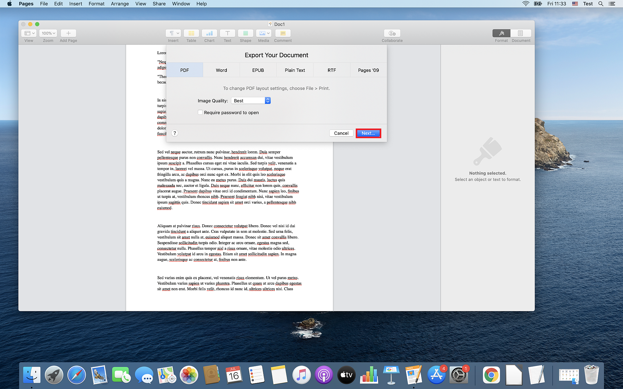 How to convert a PAGES document to PDF on macOS Catalina?